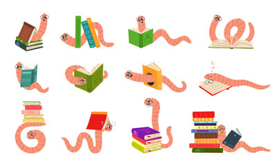 Funny bookworms. Cute worms and book stacks. Cartoon worm reading, sleeping and looks out books and pads. Education classy vector mascots set