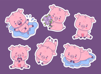 Cute funny pig stickers collection. Smiling piggy in water, with bouquet of flowers, happy and unhappy crying. Isolated cartoon kawaii animal character. Vector illustration. Kids collection