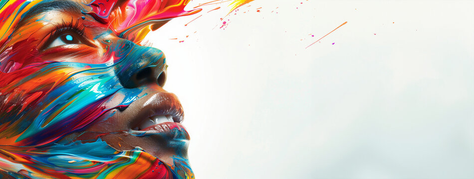A woman with colorful paint on her face. The colors are bright and vibrant, a fun and creative atmosphere. A metaphor for ideas being thought and shared with the world. White background - Powered by Adobe
