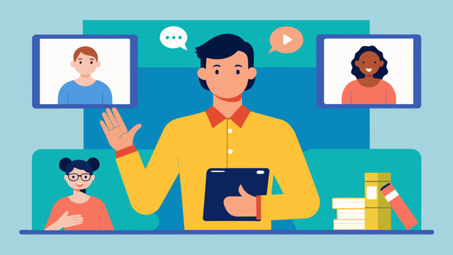 A teacher incorporating video captioning and sign language interpreters into their presentations to support deaf or hardofhearing students.. Vector illustration