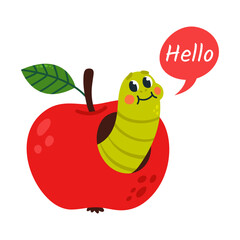 Worm and apple. Cartoon funny crawler looks out red fruit and say hello. Cute nature print or sticker design, children mascot, classy vector character