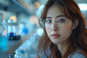 asian scientist researcher woman,  working in  indoor lab posing on camera, blue  aseptic cinematic background colors