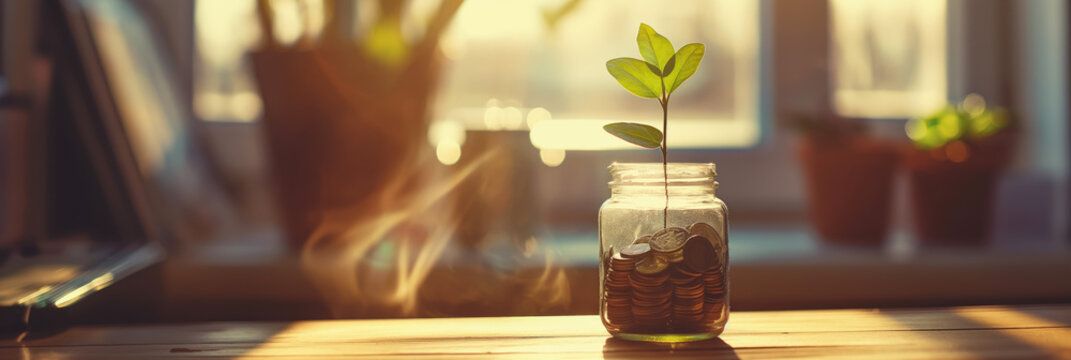 Serene image of a small plant sprouting from a jar filled with coins suggesting financial growth on a sunny shelf