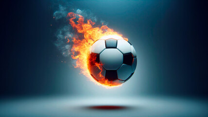 Fototapeta premium A soccer ball flying on fire is isolated on a plain background.