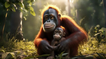 Mother and baby of orangutan in the rainforest at sunset