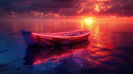 Beautiful sunset over calm lake and a boat with scenery