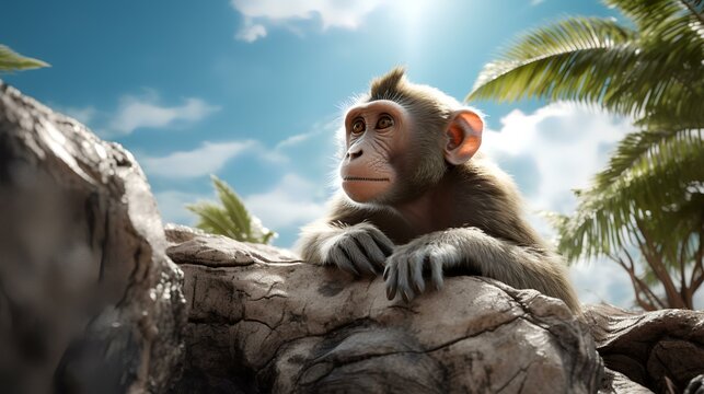 Monkey sitting on a rock in the jungle. 3d rendering