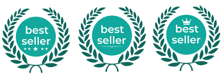 Set of badge best seller, best choice, best price, best quality. Gold logo design with wreath laurel. Vector illustration eps 10