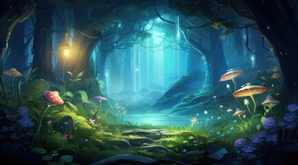 Fototapeta premium Glowing Firefly Glade. Enchanted Forest Clearing at Twilight