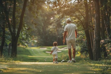 father and son play golf. Father's Day concept. Spending time together.