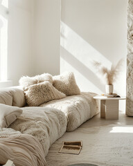 크림색 양모 모듈 소파가 놓여져 있는 인테리어 디자인 상업 사진. 클로즈업 디테일, 현대적인 양가죽 모듈 식 소파와 책이있는 사이드 테이블, 소파는 넓은 흰색 로프트의 방 중앙에 있으며 밝고 통풍이 잘되는 이미지, 상징적 인 디자인 작품, 천연 섬유, 황동, 대리석, 중성 색상, 조직화 된 하이퍼 미니멀리즘