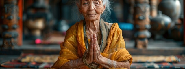 old woman meditation. find balance, mental, physical health. holistic health practices, take care, enjoying the moment, slow life concept.