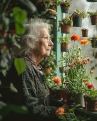old women near the window with flowers in pot. hobby, enjoying in retirement. relax, find inner balance concept. take care, enjoying the moment