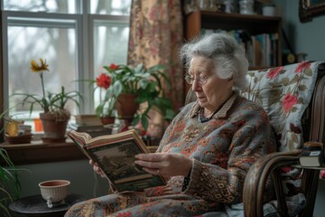 portrait of aged woman with book at home. self care, relation, enjoy concept.