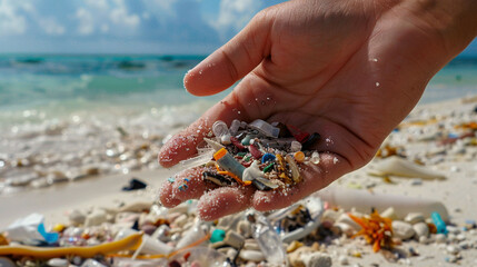 hand with microplastics on a beach