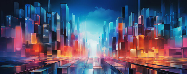 A dynamic skyline of reflective rectangles, edged with neon, boasts a high resolution finish without noise or flaws, suitable for a strikingly contemporary and clean background.