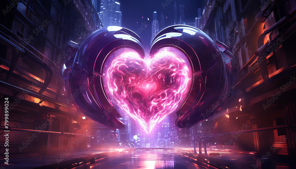 Canvas Prints abstract glowing neon heart suspended in a backdrop of dynamic, flowing energy lines and futuristic 