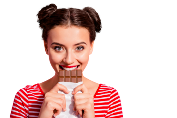 Close-up portrait of her she nice-looking cute charming attractive lovely glamorous cheerful girl in striped t-shirt biting tasting eating desirable favorite cocoa dessert isolated on pink background