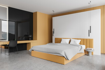 Minimalist hotel bedroom interior with bed and beauty table with shelves