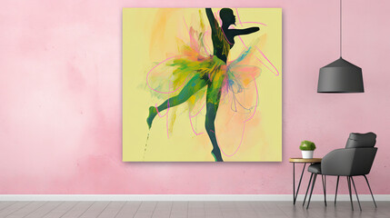 An enigmatic dancer portrait, gracefully posed with pastel pink and green line art enhancing their...