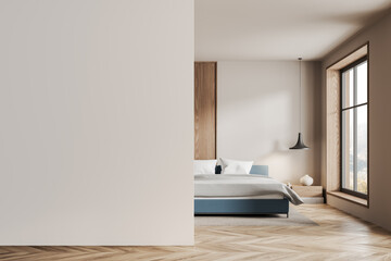 Modern bedroom interior design with a large bed, pendant lamp, and hardwood floors, against an empty wall with light from a window. 3D Rendering