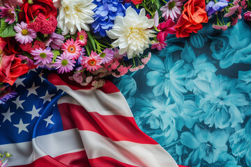 Artistic Representation of American Pride with Flag and Flowers
