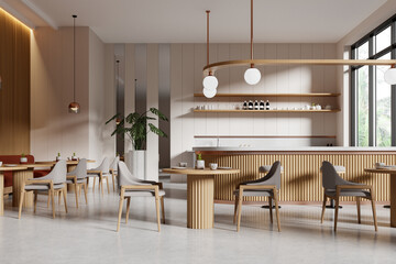 Modern cafe interior with wooden furniture, hanging lights, and large windows, light background, concept of dining space. 3D Rendering