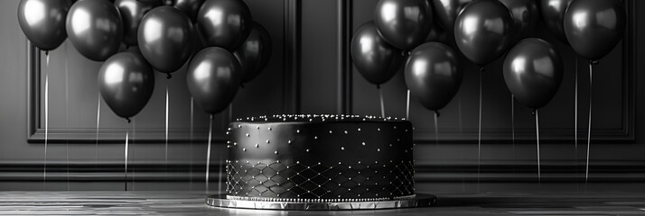 A sleek black velvet birthday cake with silver garnish,
Black balloons with candles and gift boxes on wooden floor 3D rendering
