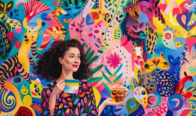 Cute girl with coffee, surrounded by animals in the style of Matisse's colors and shapes