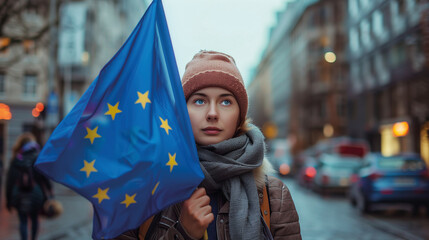 Woman holds the European Union flag in her hand. EU flag at a demonstration for EU accession