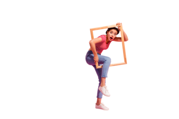 Full length body size view of her she nice cute charming attractive glamorous worried girl in casual striped t-shirt jeans trying to escape break rules borders life isolated over pink background