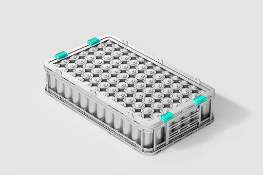 An EV battery module with cylindrical cells, depicted in a realistic style on a white background, representing energy storage technology. 3D Rendering