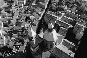 A black and white aerial view of Bologna city center, focusing on the Church of Saints Bartholomew...