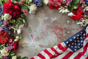 Floral Frame on American Flag for Memorial Day Commemoration