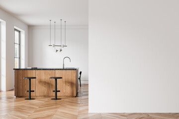 White home kitchen interior with bar counter, stool and window. Mock up wall