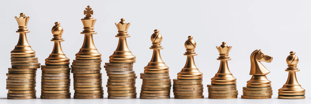 Chess pieces on top of stacks of coins represents strategic financial planning or business hierarchy