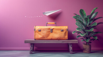 Vintage Suitcase and Paper Airplane on Purple Background