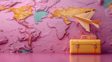 Vintage Suitcase and Paper Airplane on Purple Background