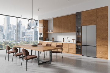 Modern kitchen interior with wooden finishes and a city view in the background, representing urban...