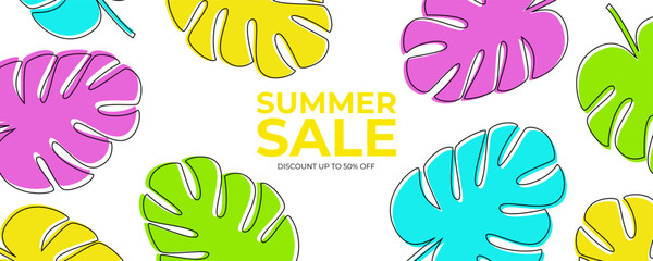 Summer Sale. Summertime commercial banner with palm leaves for seasonal shopping promotion and summer sale advertising. Vector illustration.	