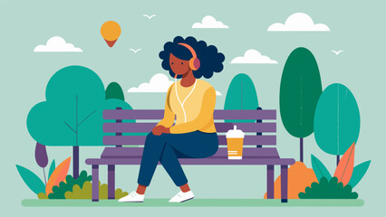 A woman taking a break from work sitting on a park bench and listening to a personal growth podcast that tackles the topic of selflove and building a.