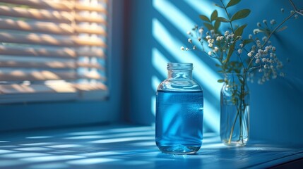 Sunlit blue water in a jar with fresh greenery.