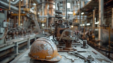 A hard hat sits on a table with tools and equipment in the background, depicting an industrial setting.