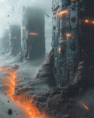 A dark and gloomy city with tall buildings and a river of lava flowing through it.
