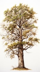 Fototapeta premium A watercolor painting of an old oak tree with a large thick trunk and a full green canopy of leaves.
