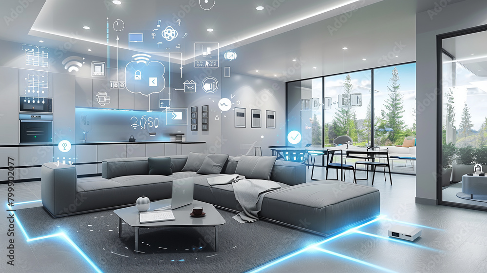 Poster a smart home controlled by an ai assistant, managing energy usage, security, and household tasks wit