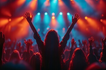 Crowd at a concert raising hands in excitement