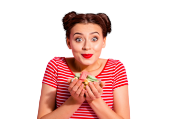Close-up portrait of her she nice-looking cute charming glamorous shine lovely cheerful feminine girl in striped t-shirt holding in hands pile of delicious snacks isolated on pink pastel background