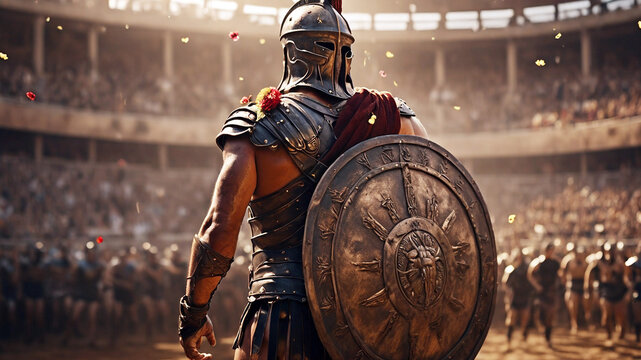 The gladiator stands triumphantly after his victory in the arena and is showered with flowers by the crowd.