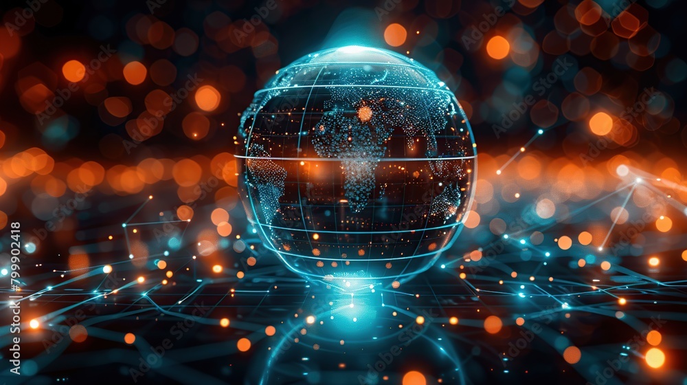 Poster 3D holographic a transparent globe with digital connections. Global network technology.